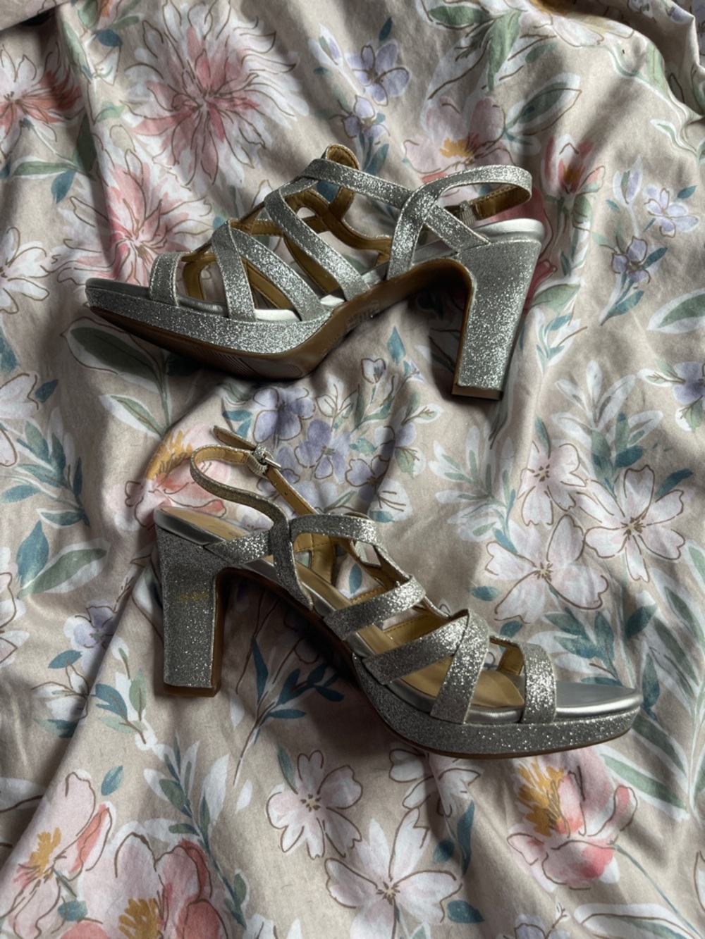 Silver Glitter Strappy Block Heels